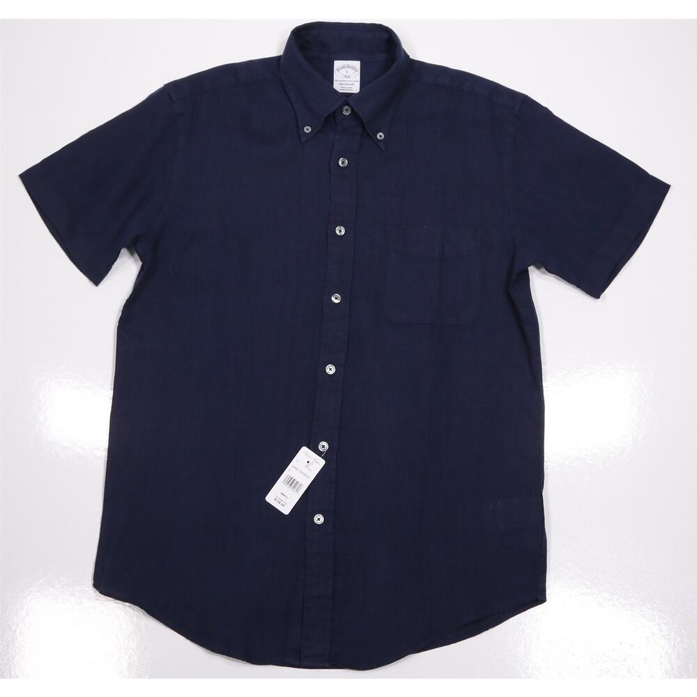 Brooks Brothers Navy Blue 100% Linen Short Sleeve Button Up Shirt Small